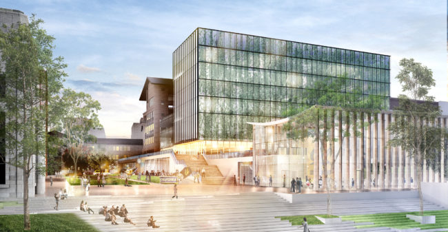 Artist's rendering of potential new buildings along west plaza