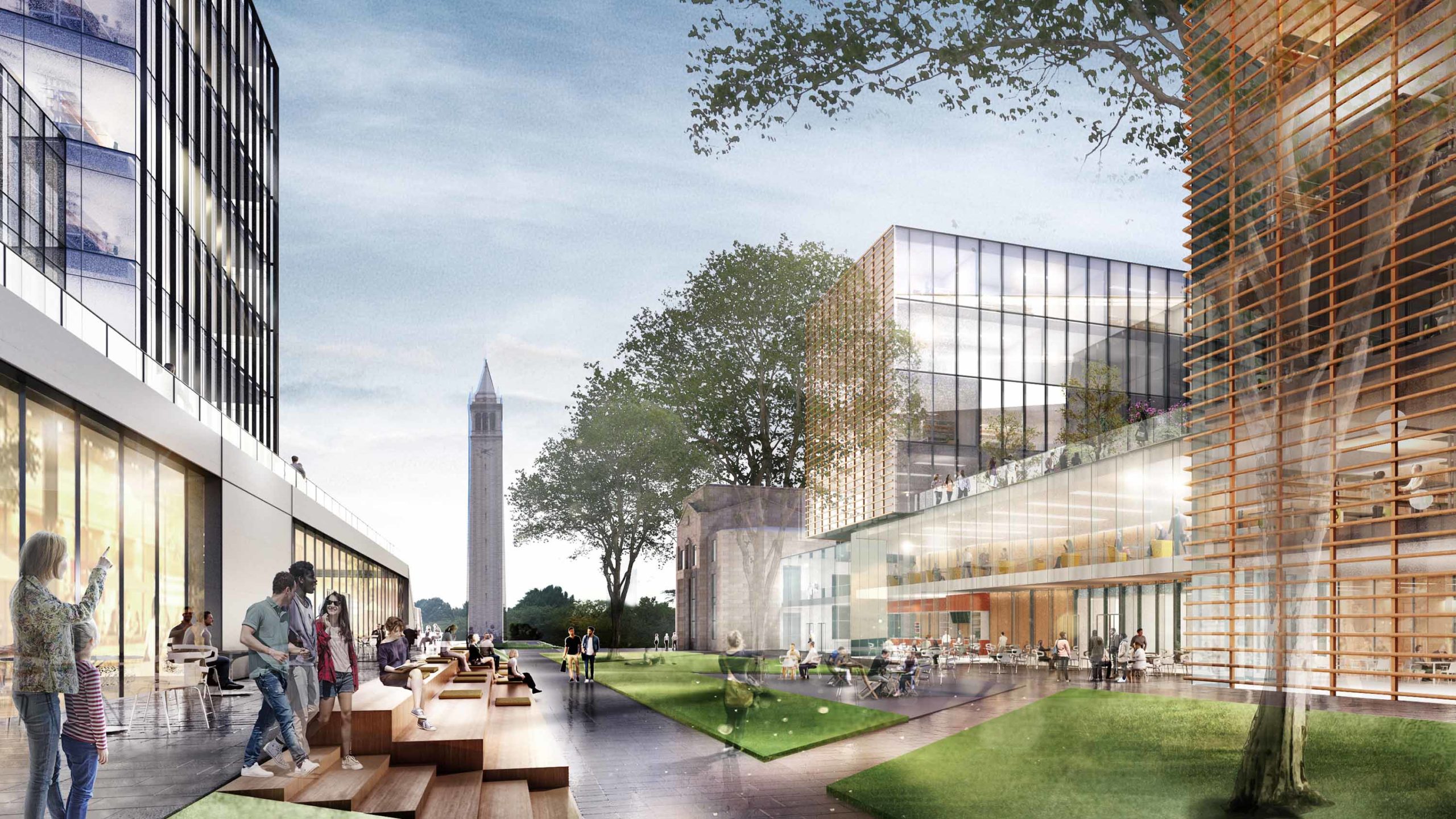 Master Plan rendering of proposed West Plaza, looking south toward Campanile