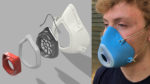 Exploded view of N95 mask, and assembled prototype modeled by undergrad researcher Jason Duckering