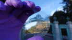 Sather Gate viewed through a flexed piece of transparent monolayer semiconductor material