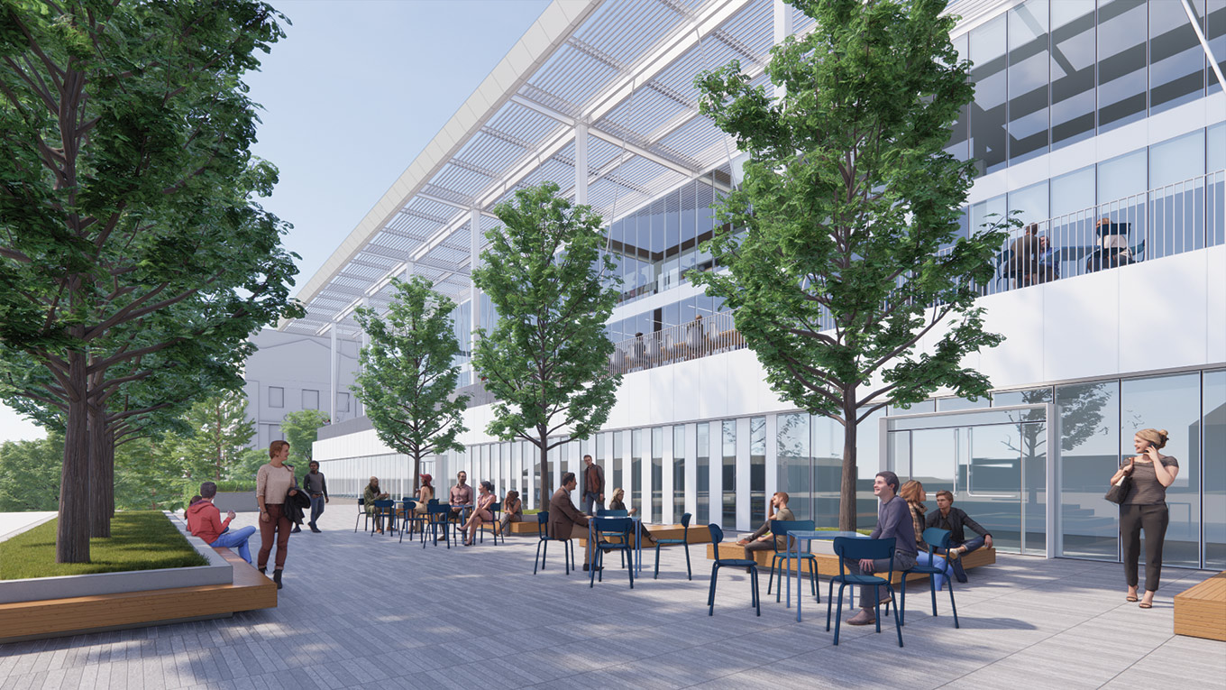 Artist's concept of patio space outside the new Engineering Student Center.