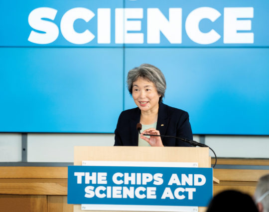 Dean Tsu-Jae King Liu speaks at a CHIPS and Science Act press event