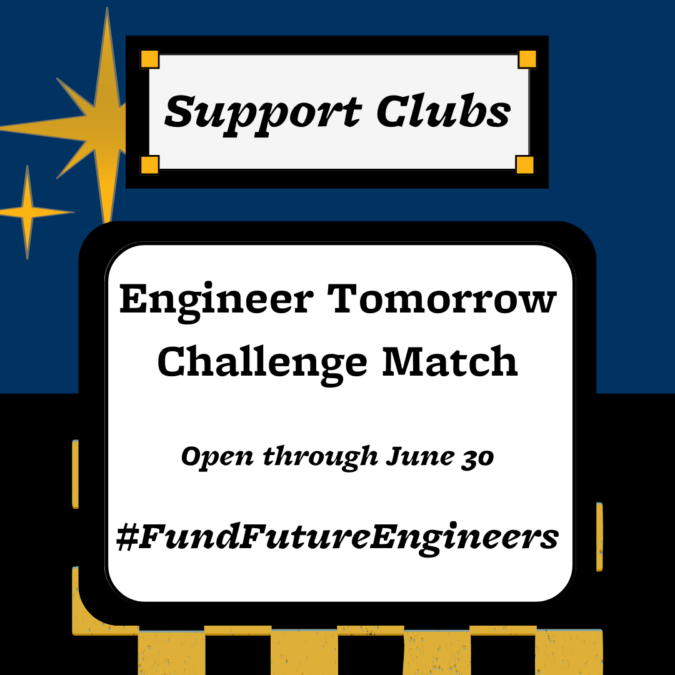 A blue and gold graphic with text that reads, "Engineer Tomorrow Challenge Match."