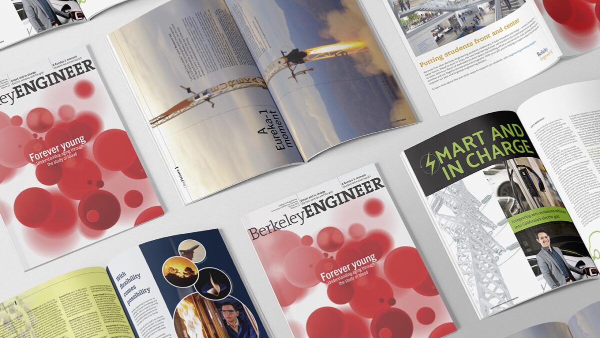 A spread featuring physical copies of Berkeley Engineer magazine.