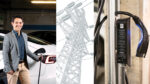 Photo montage: Scott Moura charging a Tesla, high voltage transmission tower, and electric car charger plug