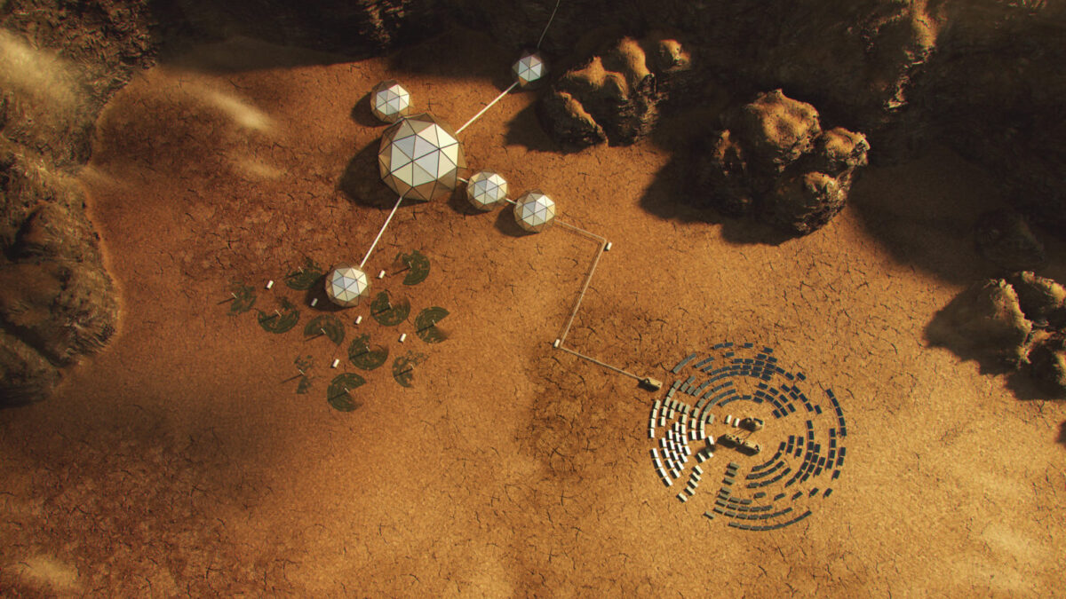 Aerial view of an exoplanet base