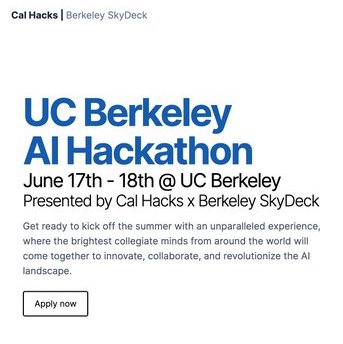 A blue and white graphic that details the UC Berkeley AI Hackathon, featuring an illustration of a rocket.