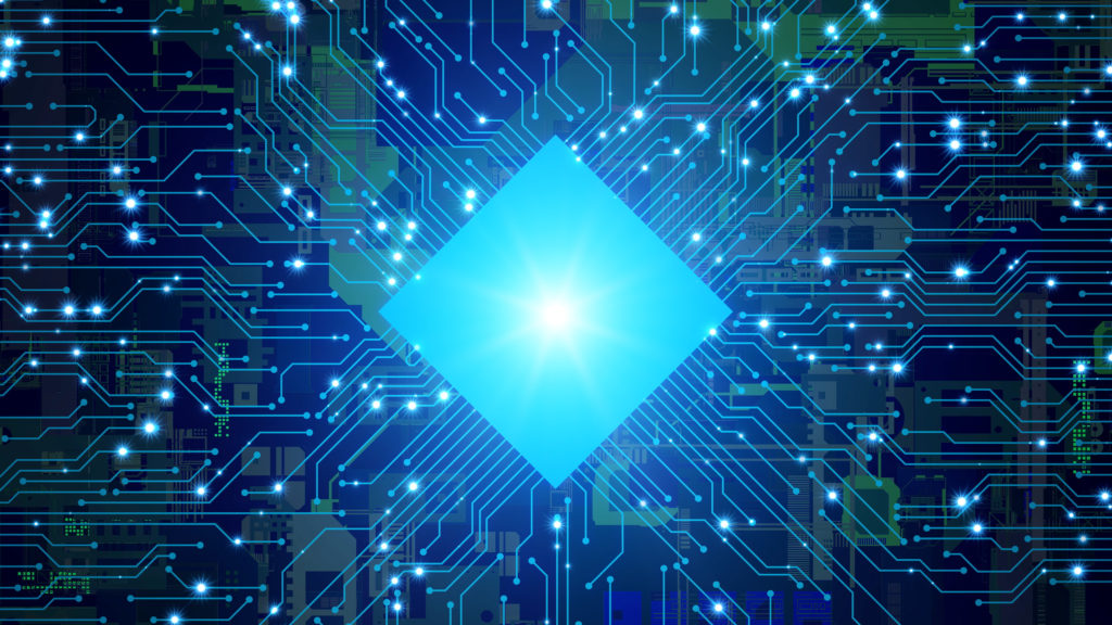 Pictured: A blue and green illustration of a central processing unit and electronic circuit.