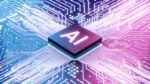 Illustration of AI microchip on a motherboard circuit with shades of purple and pink.