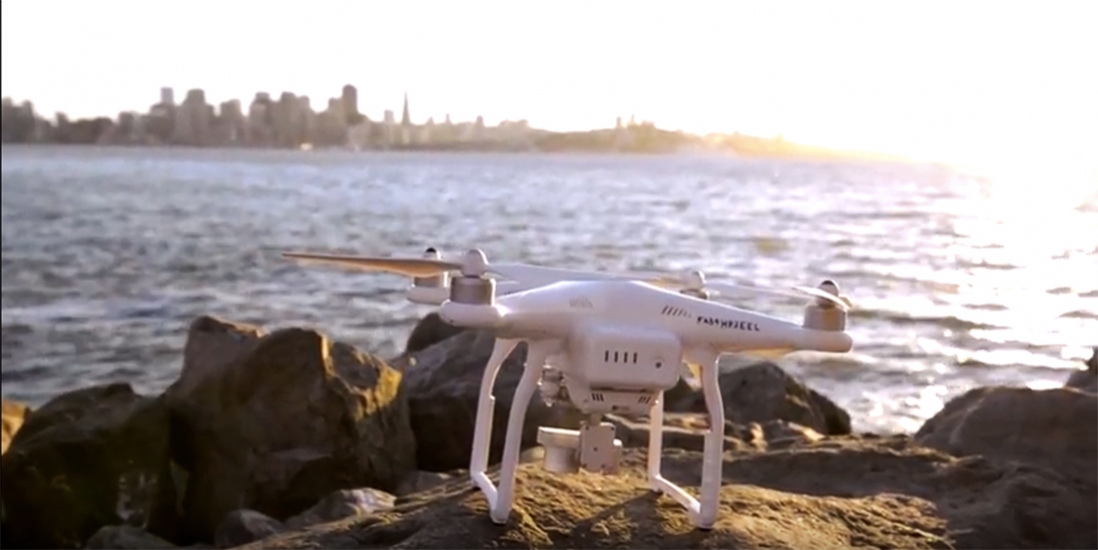 Drone on rocks along the bayfront